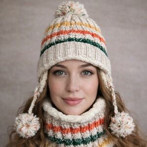 Cozy Cream Knit Pom-Pom Earflap Hat with Striped Accents